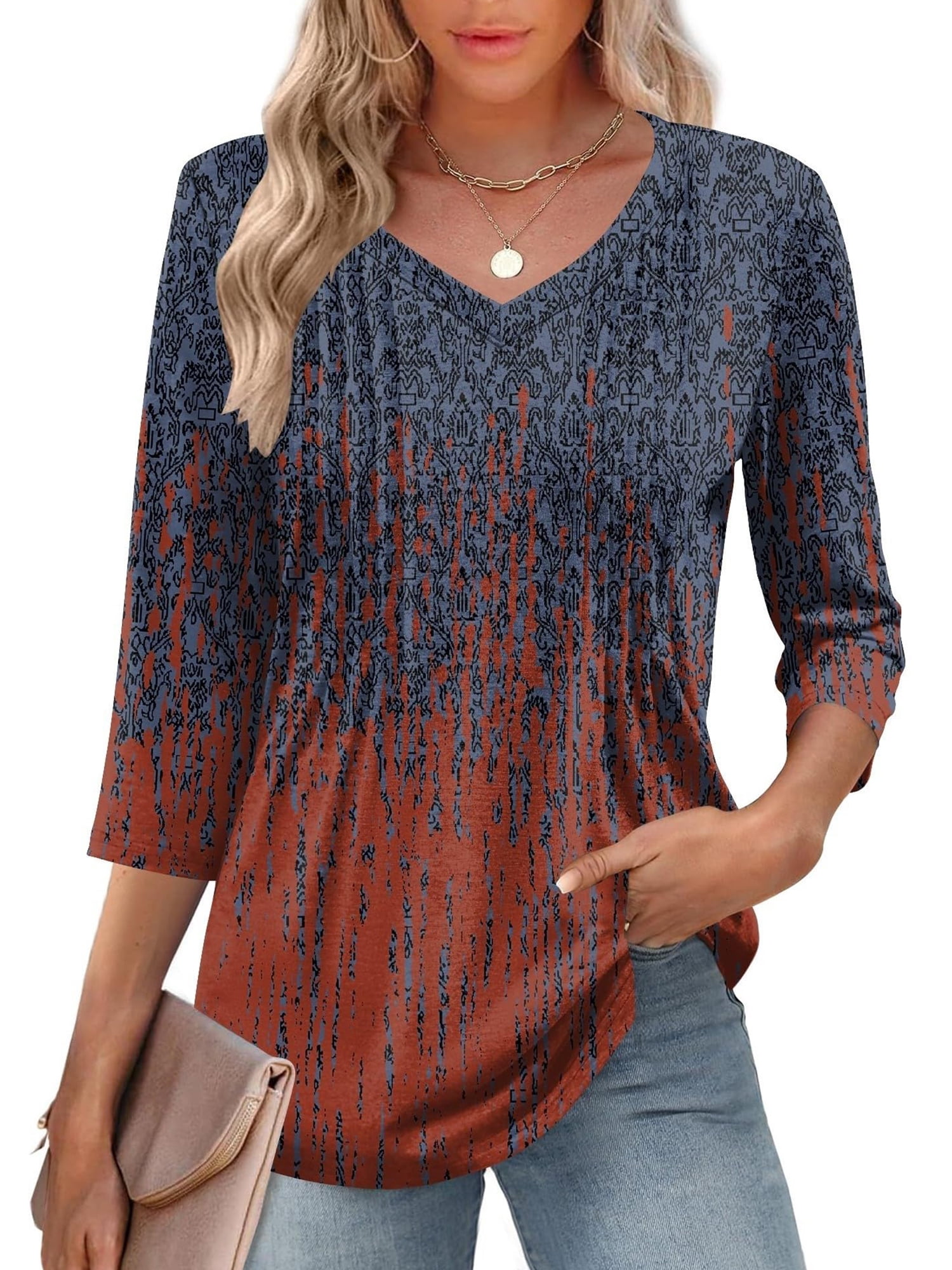 TEMOFON Womens 3/4 Length Sleeve Blouses Summer Casual V Neck Pleated ...