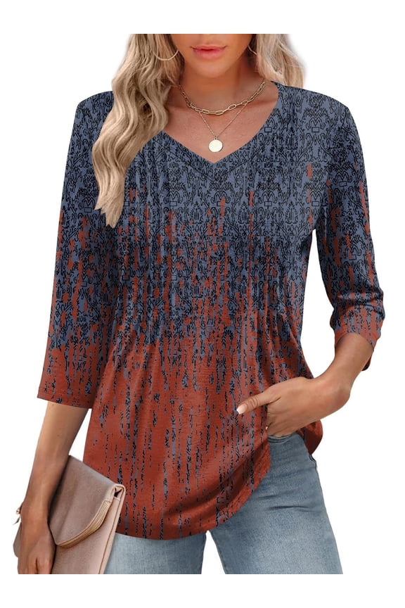 Womens 3/4 Length Sleeve Blouses Summer Casual V Neck Pleated Front Womens Tops Boho Print Tunic Tops L