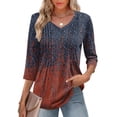 thumbnail image 1 of TEMOFON Womens 3/4 Length Sleeve Blouses Summer Casual V Neck Pleated Front Womens Tops Boho Print Tunic Tops M, 1 of 7