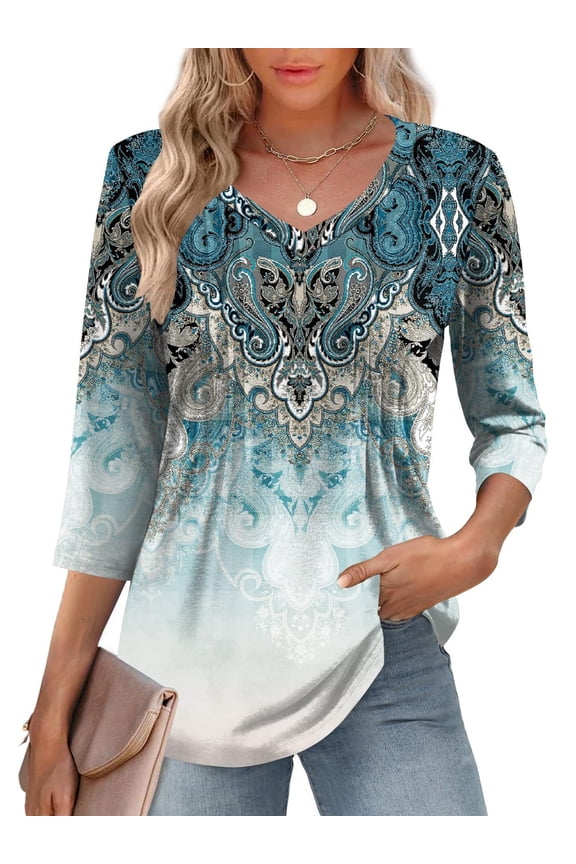 Womens 3/4 Length Sleeve Blouses Summer Dressy Casual V Neck Pleated Womens Tops Boho Floral Print Tops L