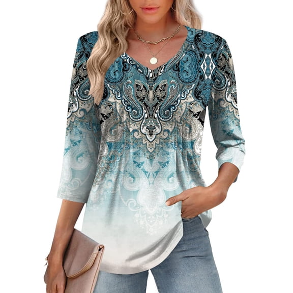 TEMOFON Womens 3/4 Length Sleeve Blouses Summer Dressy Casual V Neck Pleated Womens Tops Boho Floral Print Tops M