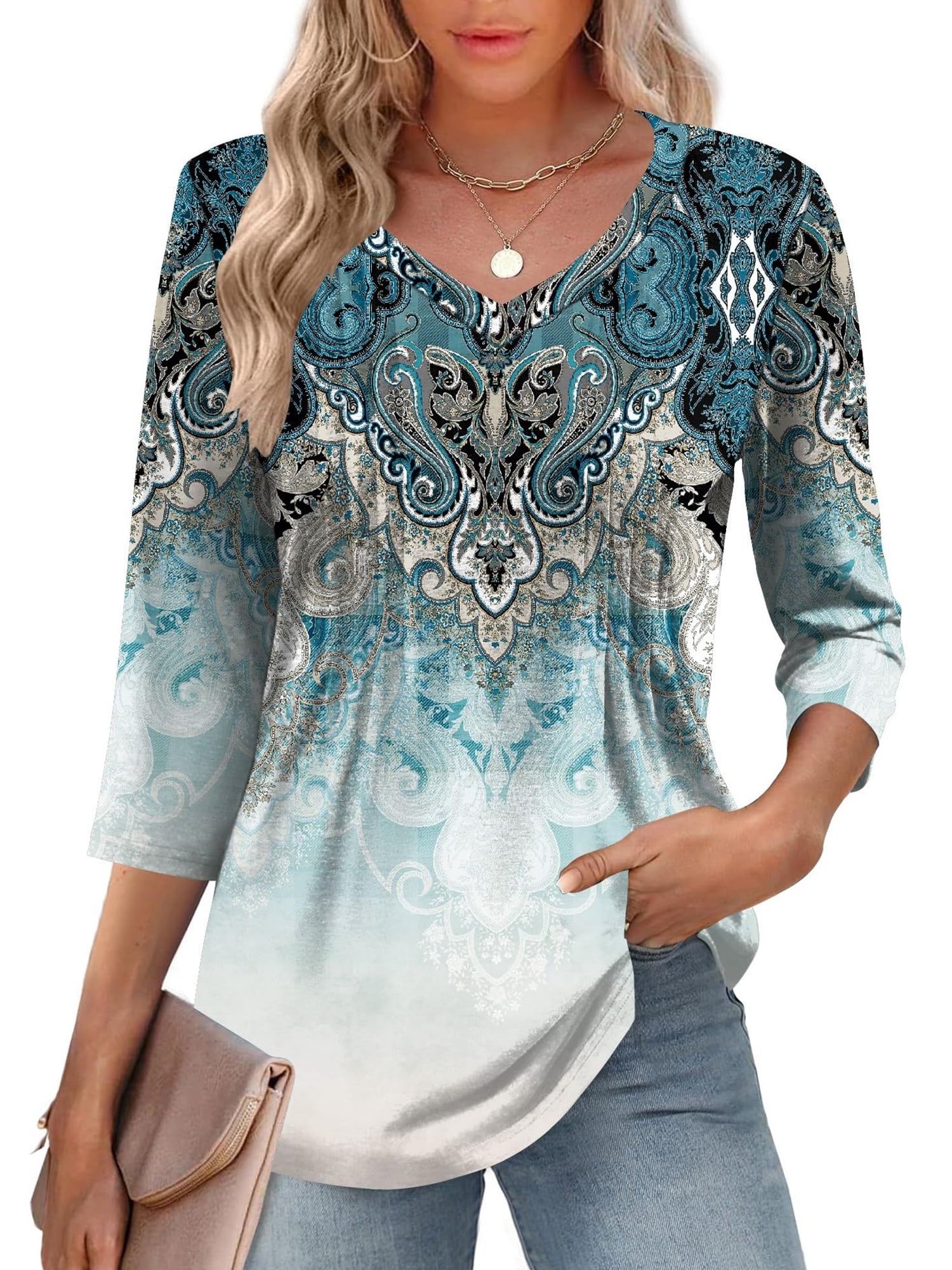 TEMOFON Womens 3/4 Length Sleeve Blouses Summer Dressy Casual V Neck ...