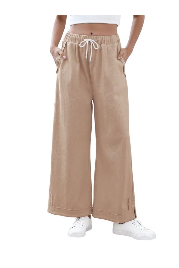 Womens Baggy Wide Leg Palazzo Pants Casual Loose Drawstring Elastic Waisted Lounge Trousers with Pockets