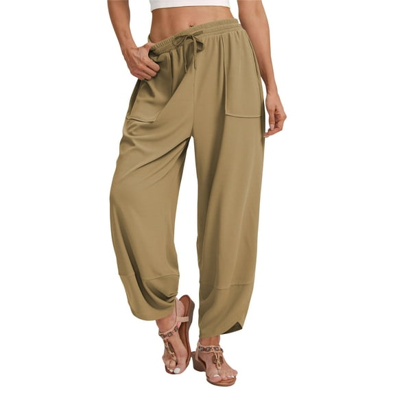 TEMOFON Womens Baggy Wide Leg Pants Casual Elastic Waisted Palazzo Drawstring Harem Pants with Pockets Womens Clothes Waffle Knit Work Trousers