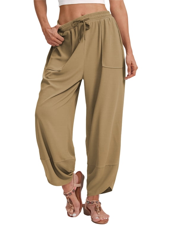 Womens Baggy Wide Leg Pants Casual Elastic Waisted Palazzo Drawstring Harem Pants with Pockets Womens Clothes Waffle Knit Work Trousers