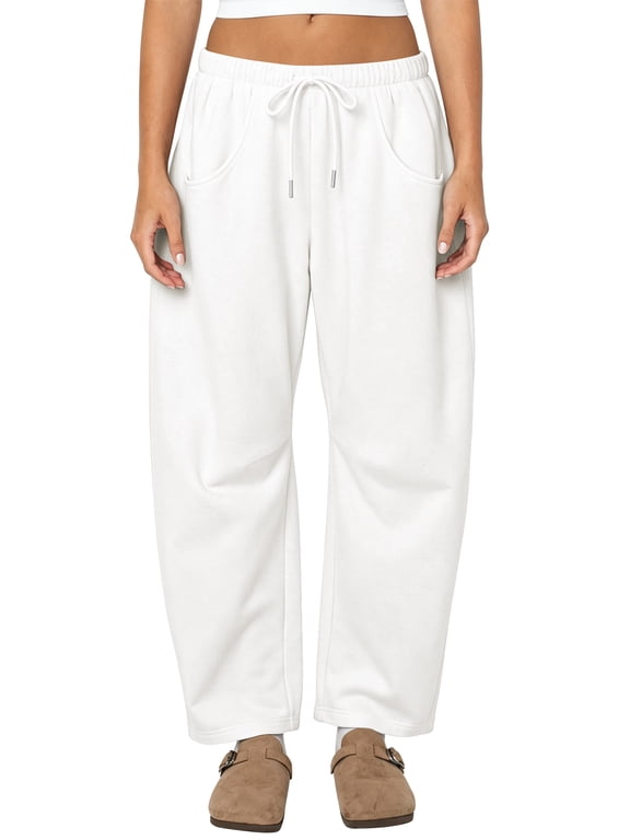 Womens Barrel Sweatpants Elastic Waistband with Pockets Fleece Lined Thermal Pants Women Fashion Clothes Baggy Dark White M