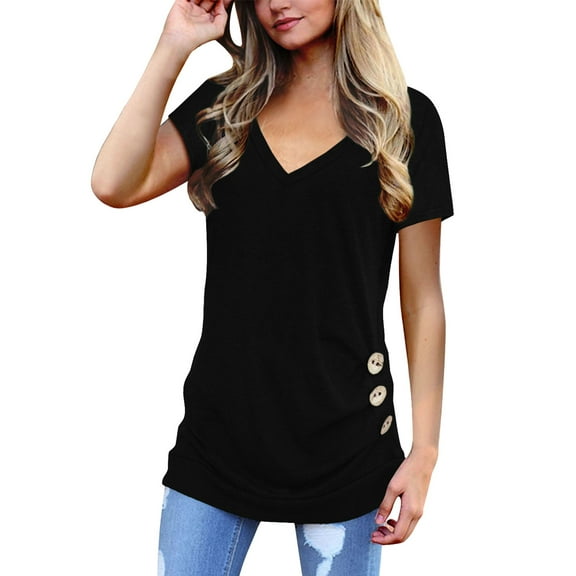 TEMOFON Womens Basic V Neck Tops Summer Short Sleeve Tshirts for Women Casual Solid Black Tee Dressy Fashion Tunic Tops