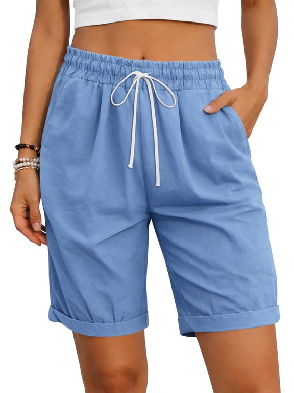Womens Bermuda Shorts Elastic Waist Drawstring Summer Shorts for Women Casual Knee Length Beach Shorts with Pockets M