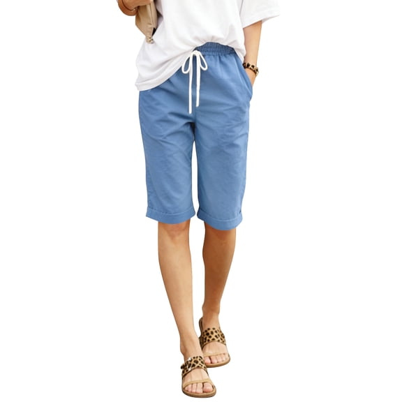 TEMOFON Womens Bermuda Shorts Elastic Waist Drawstring Summer Shorts for Women Casual Knee Length Beach Shorts with Pockets M