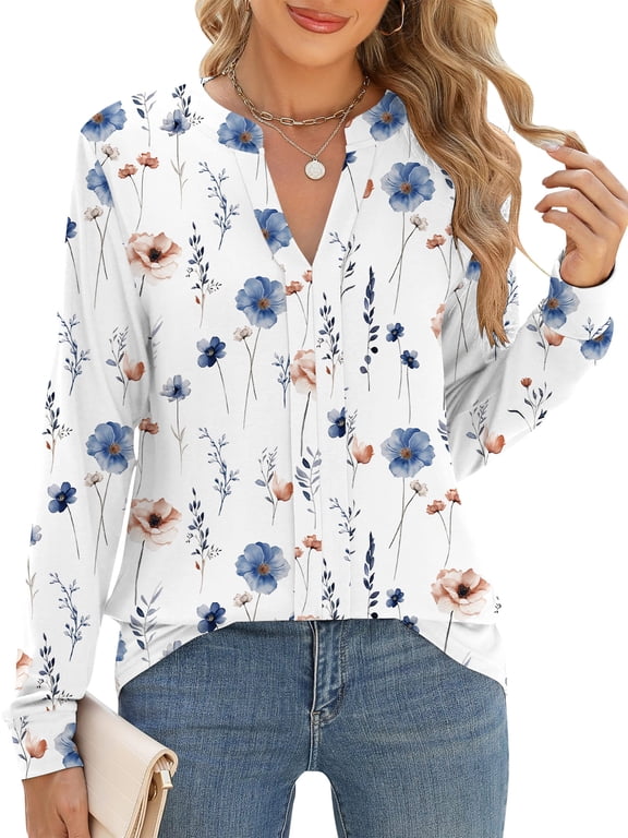 Womens Blouses Casual Businesss Split V Neck Floral Printed Long Sleeve Tops Fall Loose Fit Dressy Blouses 2XL