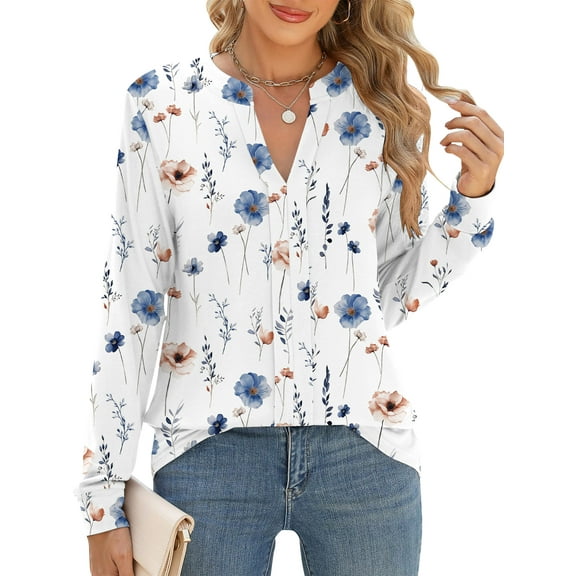 TEMOFON Womens Blouses Casual Businesss Split V Neck Floral Printed Long Sleeve Tops Fall Loose Fit Dressy Blouses XL