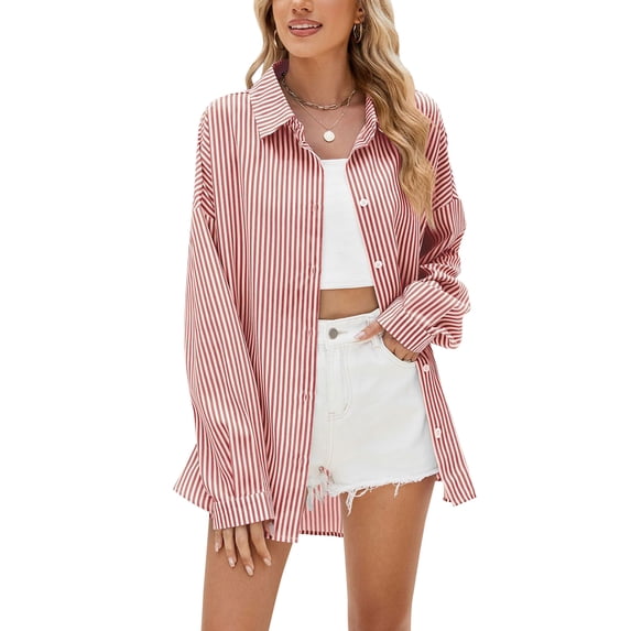 TEMOFON Button Down Shirts for Women Oversized Blouses Long Sleeve Tops Boyfriend Shirt Lapel Fashion Striped Color Block Casual Fall Clothing Size XL