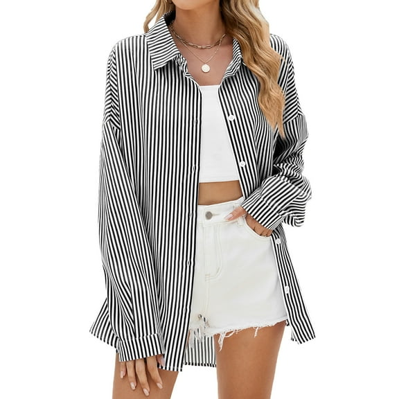 TEMOFON Blouses for Women Long Sleeve Tops Button Down Shirts Fashion Oversized Boyfriend Shirt Striped Color Block Fall Clothing Blouses Tops Size M