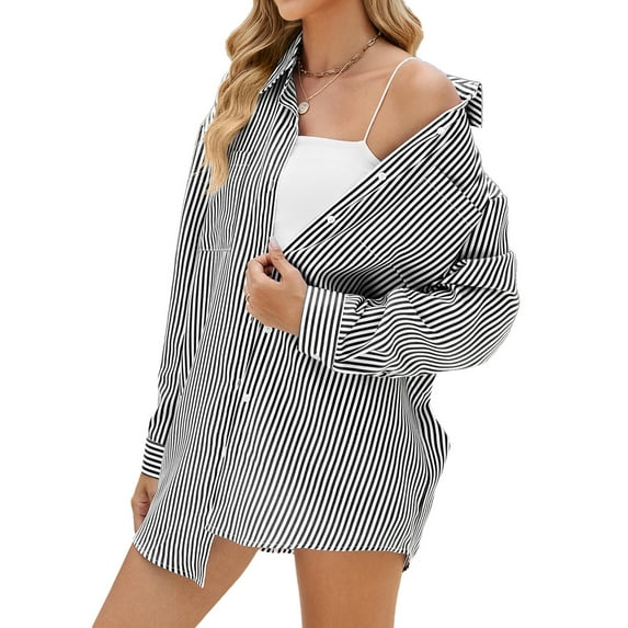 TEMOFON Blouses for Women Long Sleeve Tops with Pocket Button Down Shirts Fashion Boyfriend Shirt Striped Color Block Fall Clothing Blouses Tops Plus Size XXL