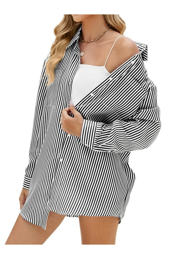 Blouses for Women Long Sleeve Tops with Pocket Button Down Shirts Fashion Boyfriend Shirt Striped Color Block Fall Clothing Blouses Tops Size XL