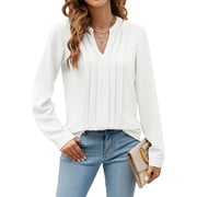 TEMOFON Womens Blouses Long Sleeve V Neck Work Shirts Dressy Tops Office Wear Casual Womens Clothes Fall Business Pleated Shirts