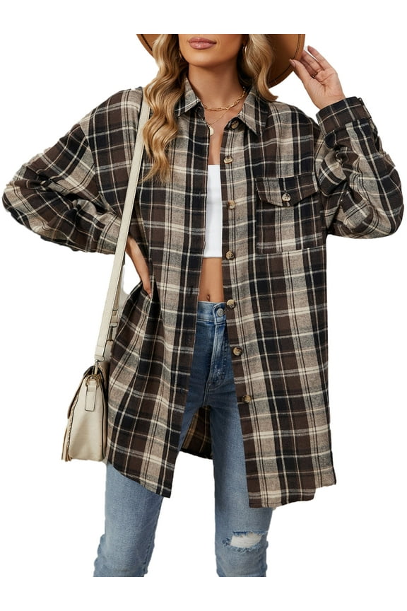 Women Plaid Tops Plus Size Fall Flannel Long Sleeve Shirts Casual Collared Button Down Tops for Women with Pocket Size 2XL