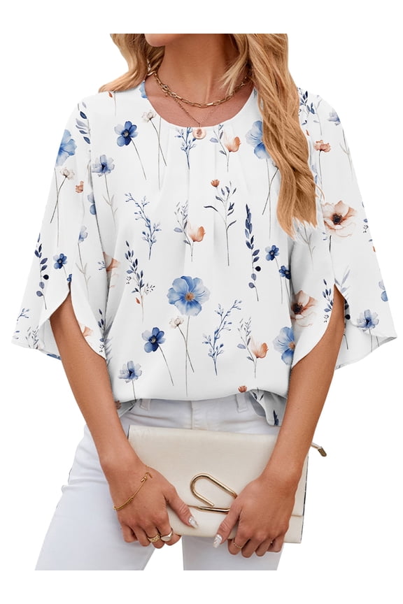 Womens Blouses Summer Casual Tops Dressy T Shirts Pleated Scoop Neck 3/4 Sleeve Office Work Chiffon Floral Shirts