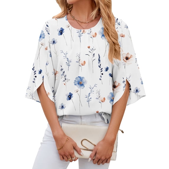 TEMOFON Womens Blouses Summer Casual Tops Dressy T Shirts Pleated Scoop Neck 3/4 Sleeve Office Work Chiffon Floral Shirts