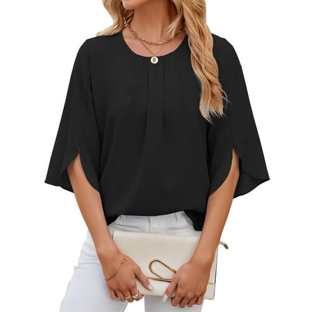 TEMOFON Womens Blouses Summer Casual Tops Dressy T Shirts Pleated Scoop Neck 3/4 Sleeve Office Work Chiffon Shirts Black