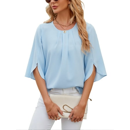 TEMOFON Womens Blouses Summer Casual Tops Dressy T Shirts Pleated Scoop Neck 3/4 Sleeve Office Work Chiffon Shirts Blue