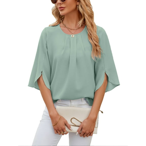 TEMOFON Womens Blouses Summer Casual Tops Dressy T Shirts Pleated Scoop Neck 3/4 Sleeve Office Work Chiffon Shirts Green