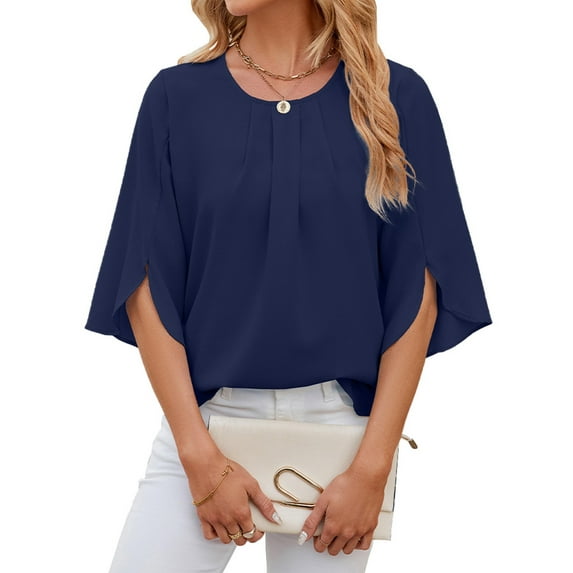 TEMOFON Womens Blouses Summer Casual Tops Dressy T Shirts Pleated Scoop Neck 3/4 Sleeve Office Work Chiffon Shirts Navy Blue