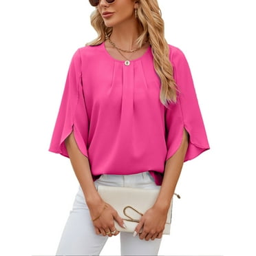 TEMOFON Womens Blouses Summer Casual Tops Dressy T Shirts Pleated Scoop Neck 3/4 Sleeve Office Work Chiffon Shirts Pink