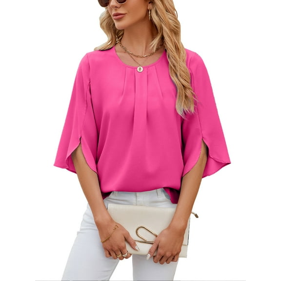 TEMOFON Womens Blouses Summer Casual Tops Dressy T Shirts Pleated Scoop Neck 3/4 Sleeve Office Work Chiffon Shirts Pink