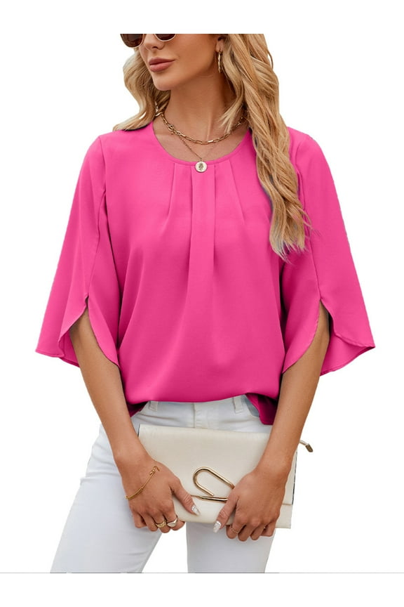 Womens Blouses Summer Casual Tops Dressy T Shirts Pleated Scoop Neck 3/4 Sleeve Office Work Chiffon Shirts Pink