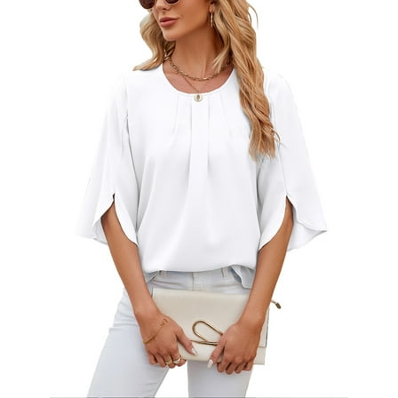 TEMOFON Womens Blouses Summer Casual Tops Dressy T Shirts Pleated Scoop Neck 3/4 Sleeve Office Work Chiffon Shirts White