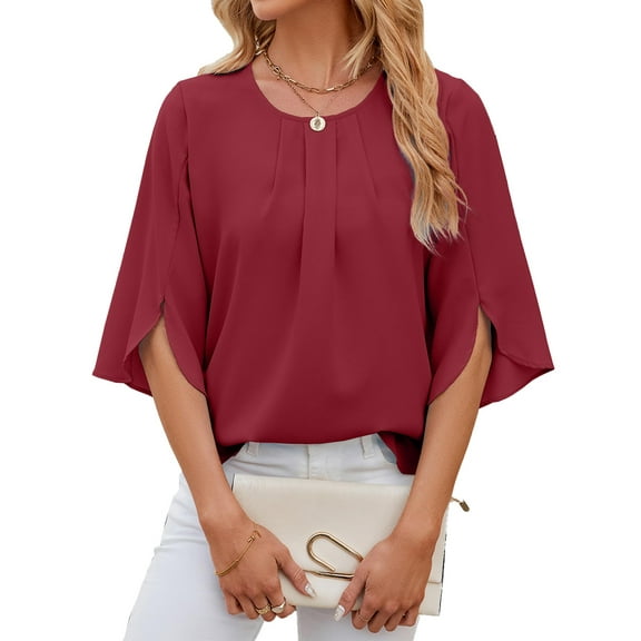 TEMOFON Womens Blouses Summer Casual Tops Dressy T Shirts Pleated Scoop Neck 3/4 Sleeve Office Work Chiffon Shirts Wine Red