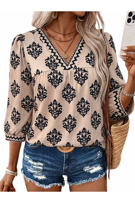 Womens Blouses Summer V Neck 3/4 Sleeve Top for Women Floral Print Boho Womens Tops Dressy Casual Blouses L