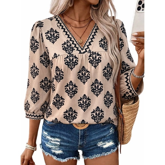 TEMOFON Womens Blouses Summer V Neck 3/4 Sleeve Top for Women Floral Print Boho Womens Tops Dressy Casual Blouses XL