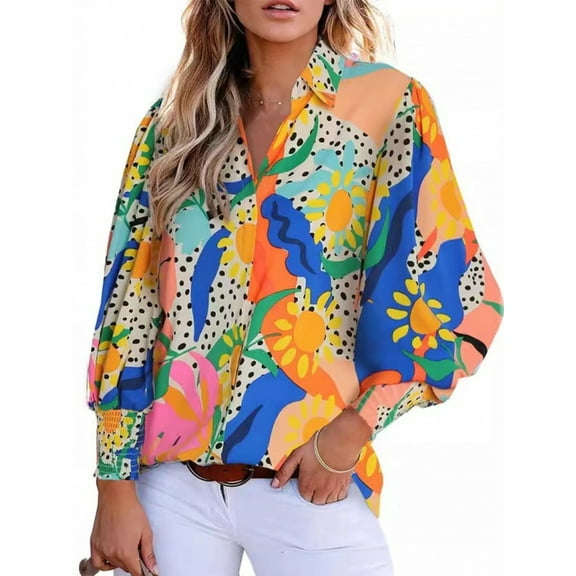 TEMOFON Womens Boho Floral Print Blouses Shirts Casual Puff Sleeve Fall Tops Dressy Paisley Tunic Tops Long Sleeve Shirts for Women Lapel V Neck Button Down Clothing