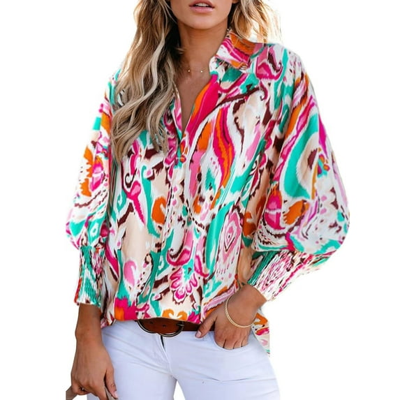 TEMOFON Womens Boho Floral Print Shirts Blouses Casual Puff Sleeve Drawstring Tunic Tops Dressy Paisley Long Sleeve Shirts for Women Fall Tops Lapel V Neck Clothing