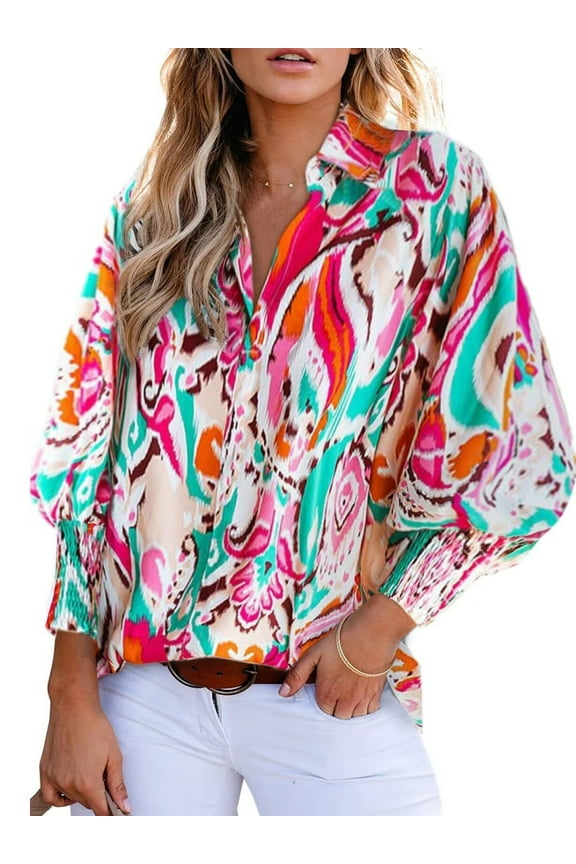 Womens Boho Floral Print Shirts Blouses Casual Puff Sleeve Drawstring Tunic Tops Dressy Paisley Long Sleeve Shirts for Women Fall Tops Lapel V Neck Clothing