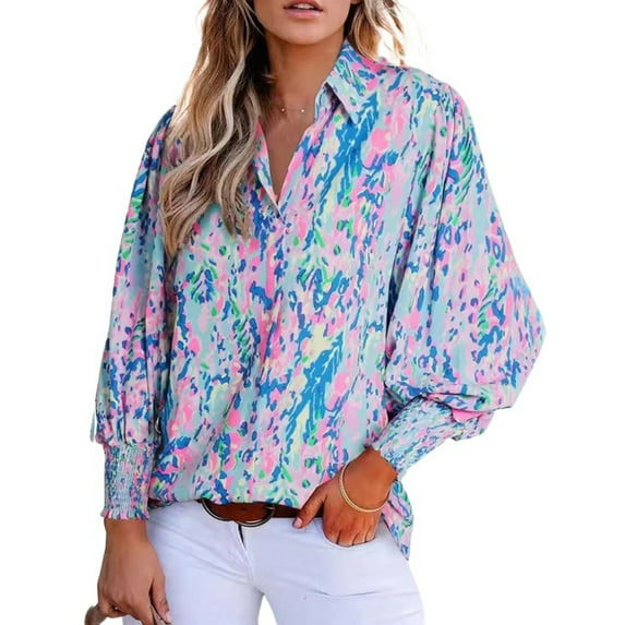 TEMOFON Long Sleeve Shirts for Women Boho Floral Print Blouses Fall Tops Casual Puff Sleeve Tunic Tops Paisley Dressy Button Down Lapel V Neck Clothing