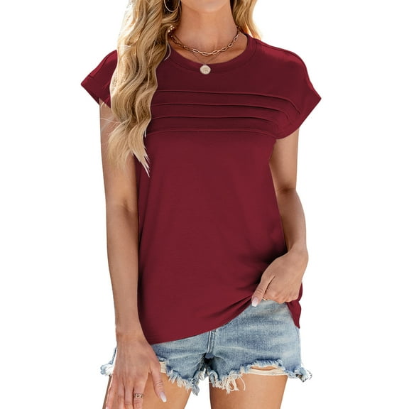 TEMOFON Womens Cap Sleeve Tops Plain Pleated T-shirts Casual Loose Tank Top Solid Color Basic T-shirts