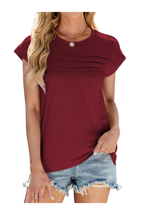 Womens Cap Sleeve Tops Plain Pleated T-shirts Casual Loose Tank Top Solid Color Basic T-shirts