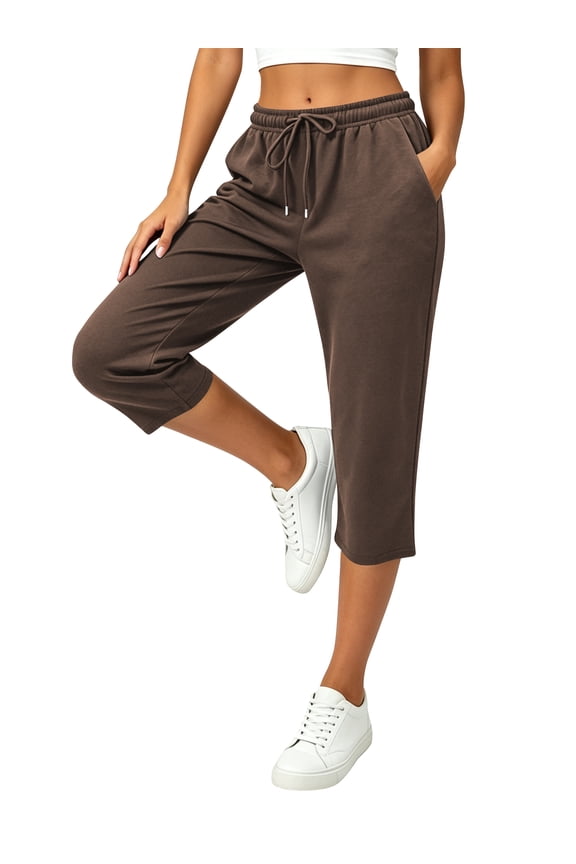 Womens Capri Pants Summer Cropped Pants Straight Leg Waisted Drawstring Pants with Pockets Lounge Brown L