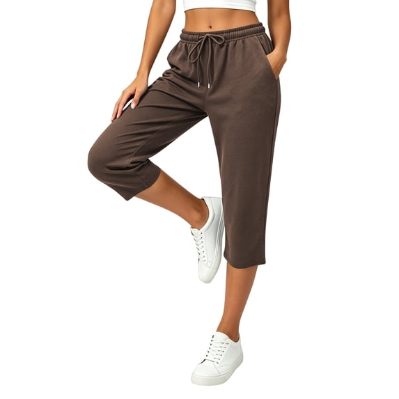 TEMOFON Womens Capri Pants Summer Cropped Pants Straight Leg Waisted Drawstring Pants with Pockets Lounge Brown XXL