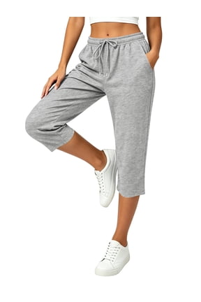 Womens Capri Pants Summer Cropped Pants Straight Leg Waisted Drawstring Pants with Pockets Lounge Grey L