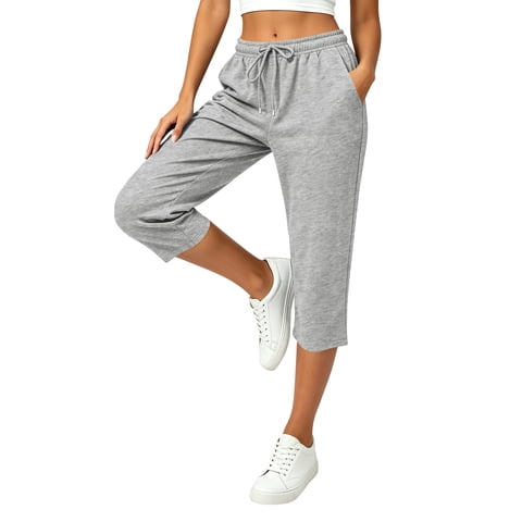 Womens Capri Pants Summer Cropped Pants Straight Leg Waisted Drawstring Pants with Pockets Lounge Grey L