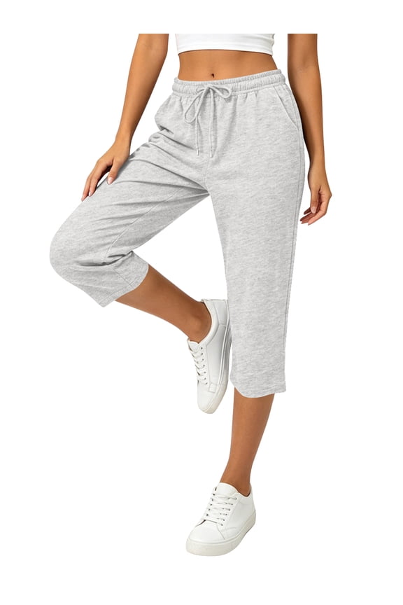 Womens Capri Pants Summer Cropped Pants Straight Leg Waisted Drawstring Pants with Pockets Lounge Lightgrey M