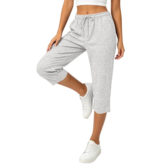 TEMOFON Womens Capri Pants Summer Cropped Pants Straight Leg Waisted Drawstring Pants with Pockets Lounge Lightgrey XXL