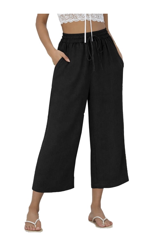 Womens Capri Pants Summer Linen Pants Women Wide Leg Waisted Drawstring Pants with Pockets Flowy Casual Pants 2XL
