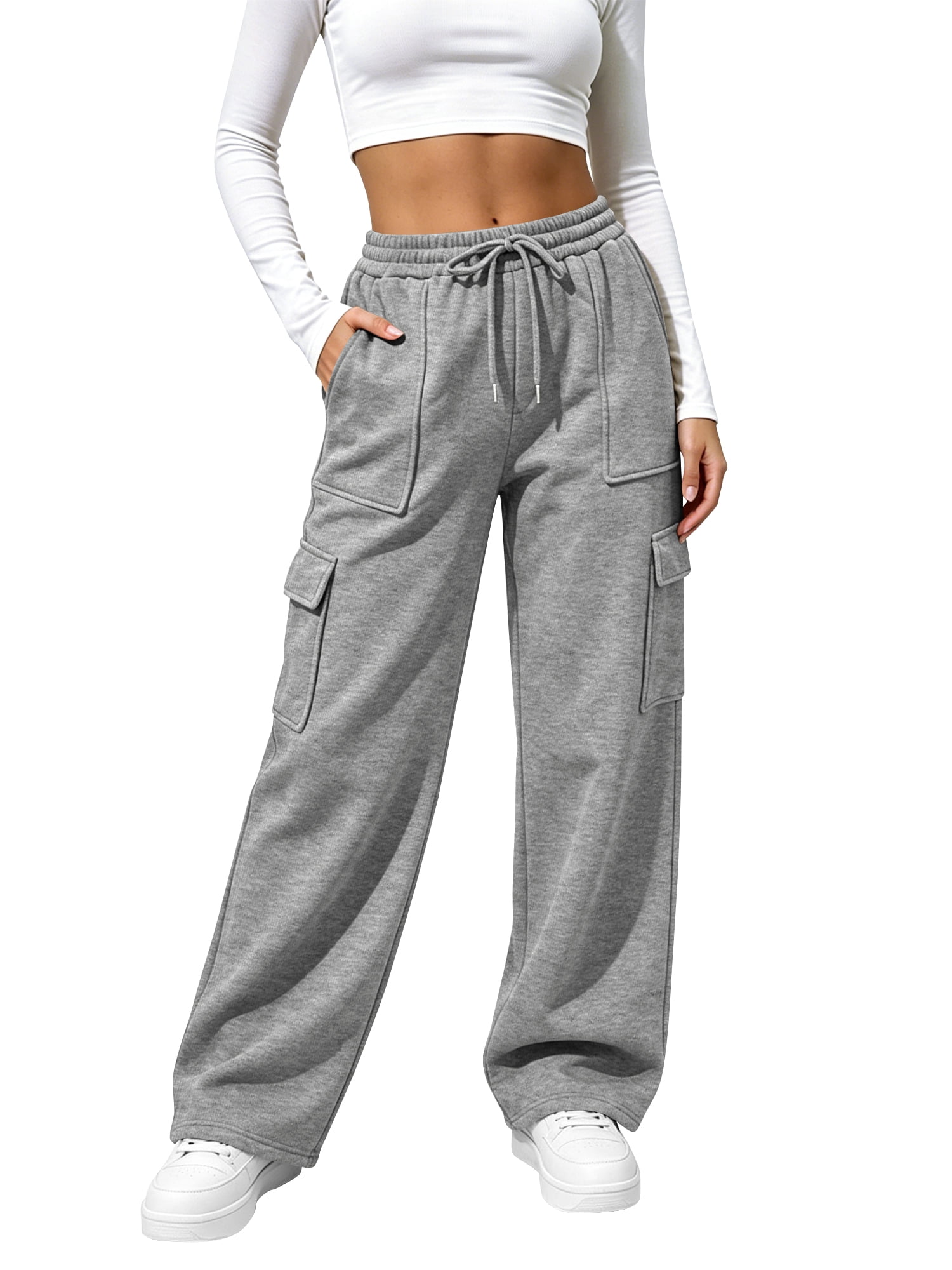 Womens Cargo Sweatpants Wide Leg Elastic Waisted Trousers Sweat Pants Joggers with Pockets Casual Workout Pants