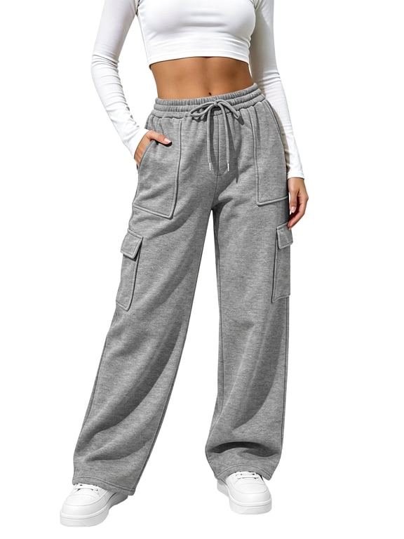 Womens Cargo Sweatpants Wide Leg Elastic Waisted Trousers Sweat Pants Joggers with Pockets Casual Workout Pants