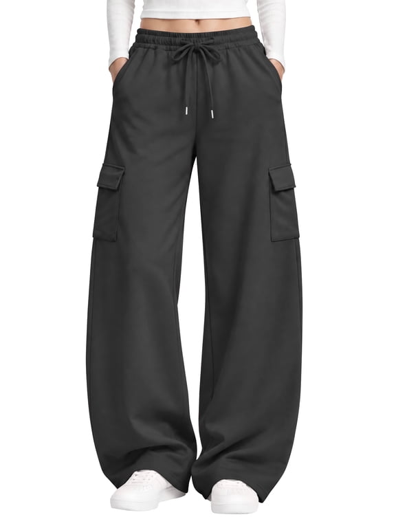 Womens Cargo Sweatpants Wide Leg Baggy Sweatpants Casual Drawstring Pants with Pockets Loose Lounge Pants